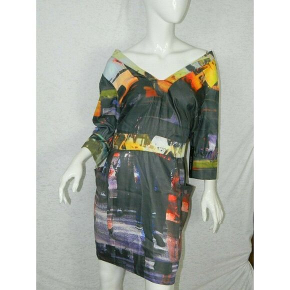 AMBER‎ SAKAI Dress Size Small Black Grey Yellow Watercolor Print - Picture 6 of 7